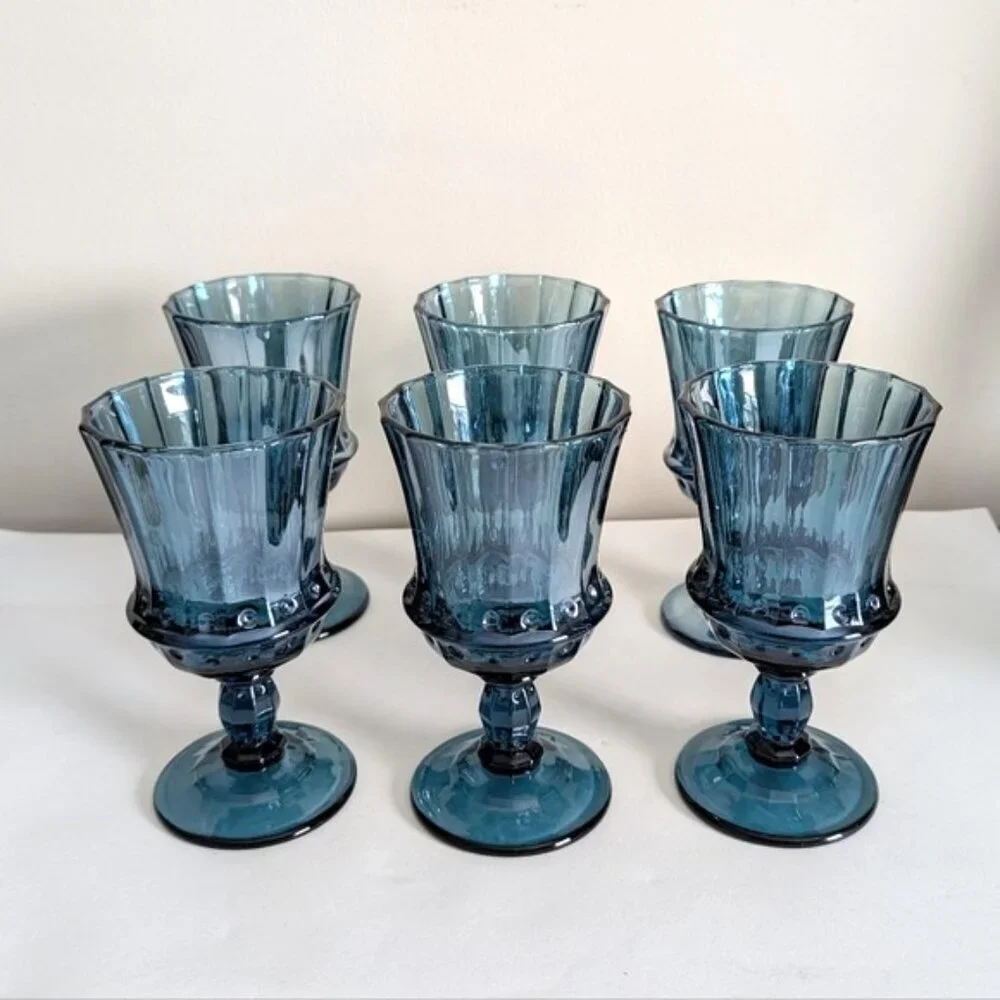 Set of‎ Six Mid Century Smoky Blue Water/Wine Goblets